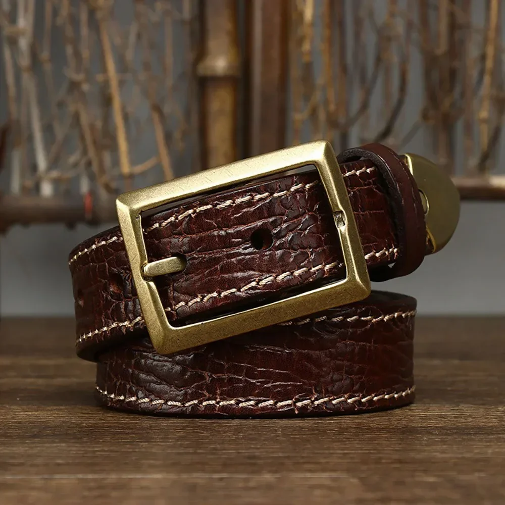 Retro Double-Sided 4mm Thickness Genuine Leather Belt with Texture and Tree Bark Pattern and Brass Buckle for Men 33mm Width