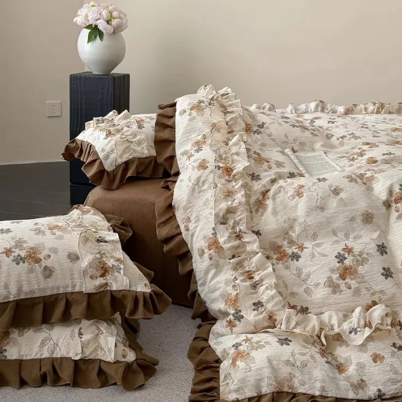 New Korean Princess Style Printed Lace Bedding Set with Quilt Cover Pillowcase Duvet Cover Set King Comforter Cover Set