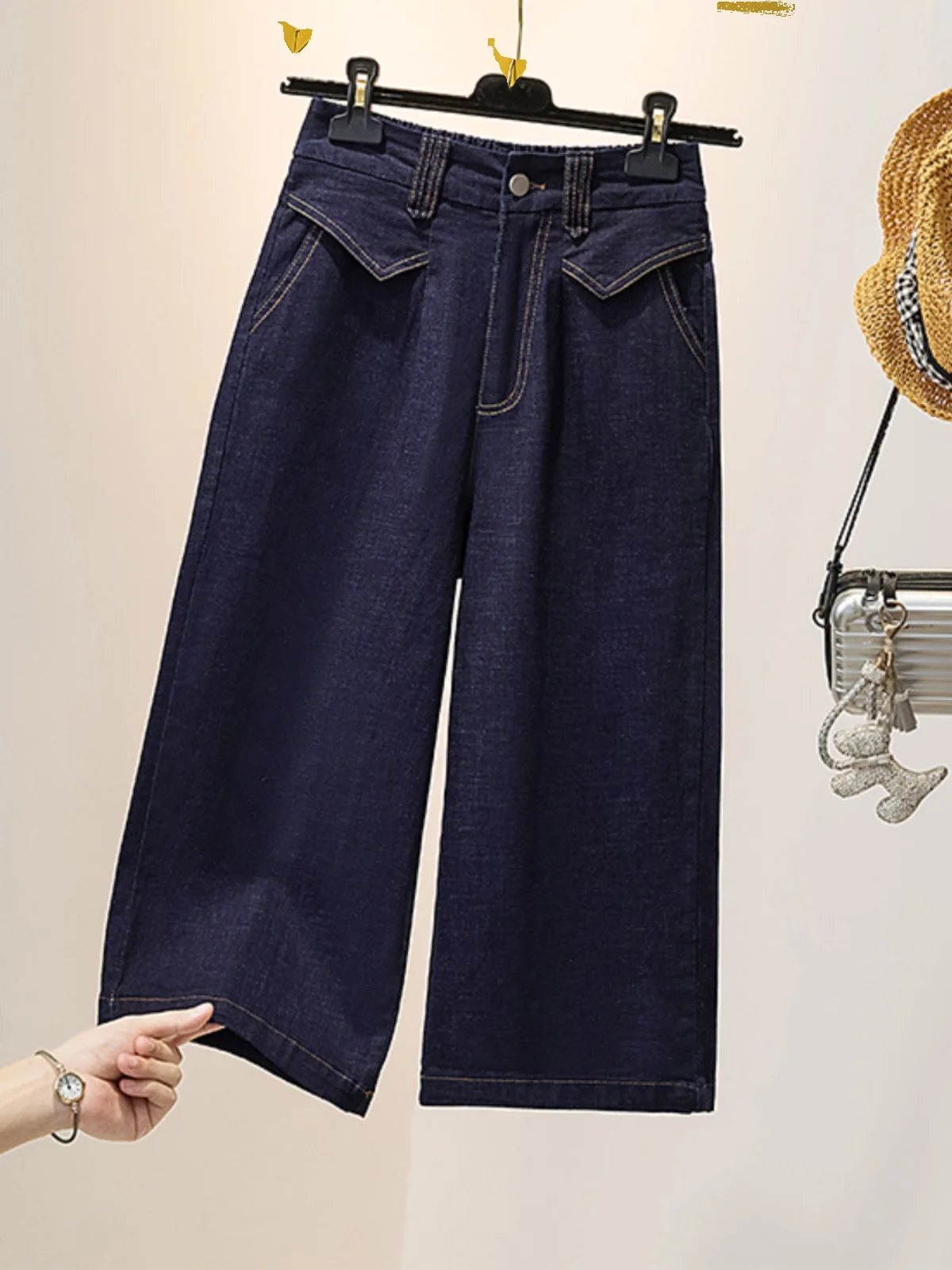 Casual Denim Pants Women Elastic High Waist Loose Seven Point Wide Leg Pants Fashion Pockets Versatile Straight Leg Pants