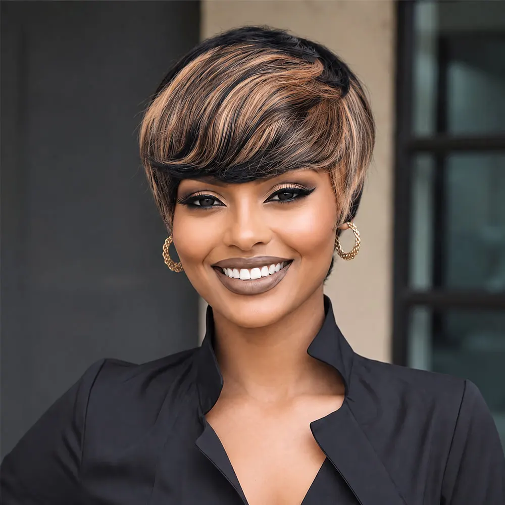 Brazilian Remy Human Hair Wig Suitable for Women - Full Machine Made Short Pixie Cut Wig with Highlight Style, 1b/33 Color