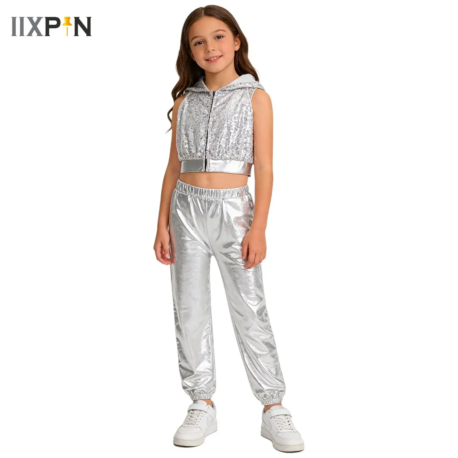

Kids Girls Hip-Hop Jazz Dancewear Set Zipper Sparkling Sequins Hooded Crop Top with Metallic Pants 70S Disco Vintage Outfits