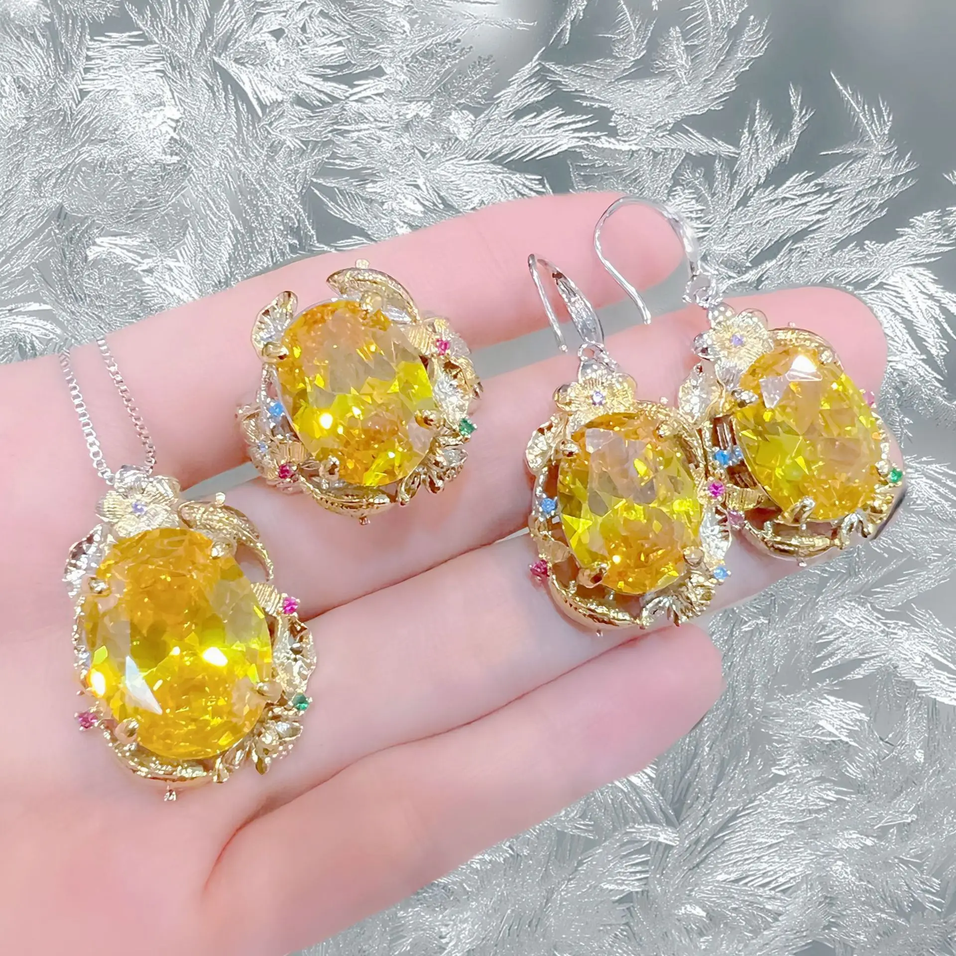 Sparkling Luxury Crystal Oval Pendant Necklace Women Jewelry Set Trendy 925 Silver Hooks Earrings For Lady Birthday Gift