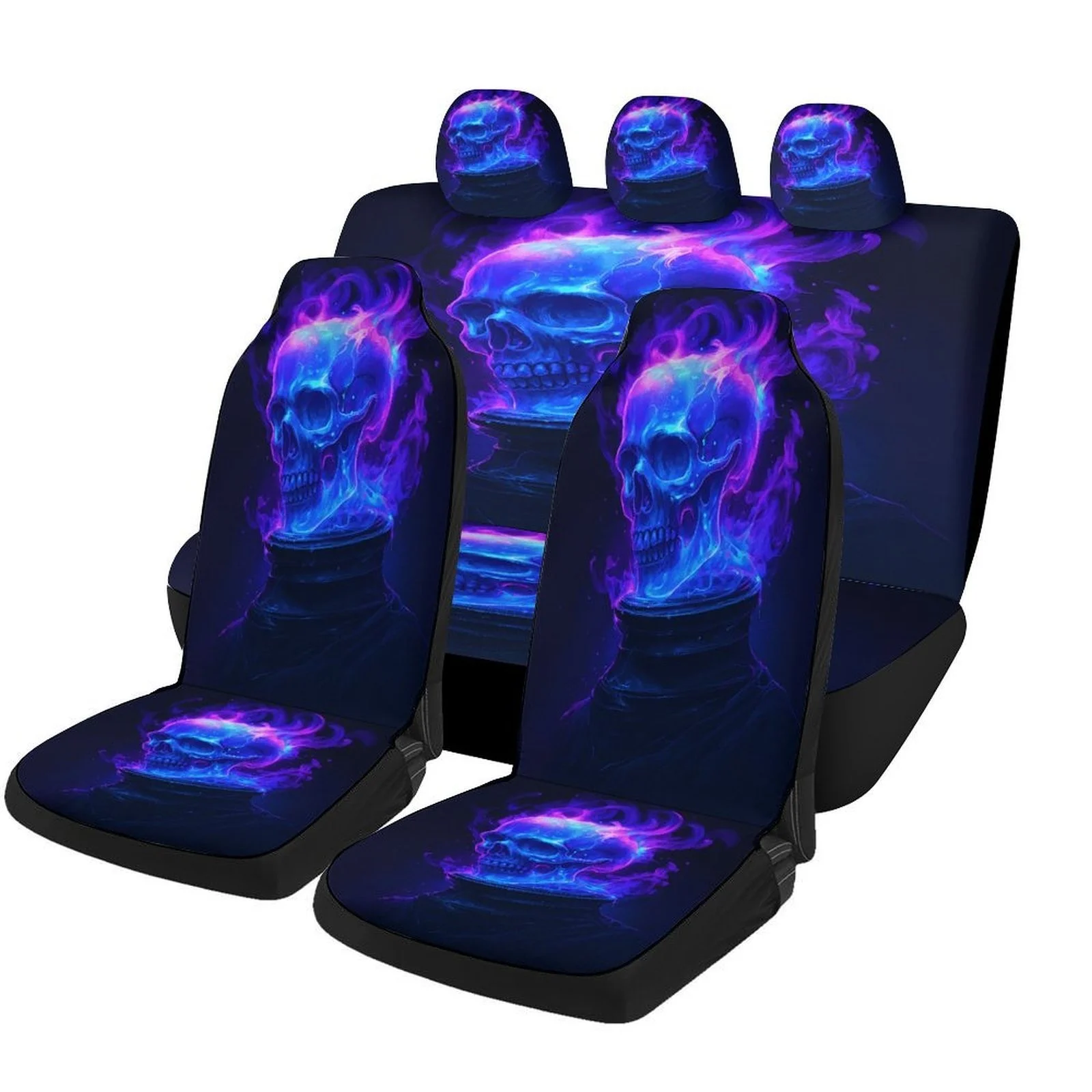 Glowing Skull Flame Designed Car Seat Cover Set For Most Cars, Trendy Novelty High-quality Car Seat Protector Covers Full Set,