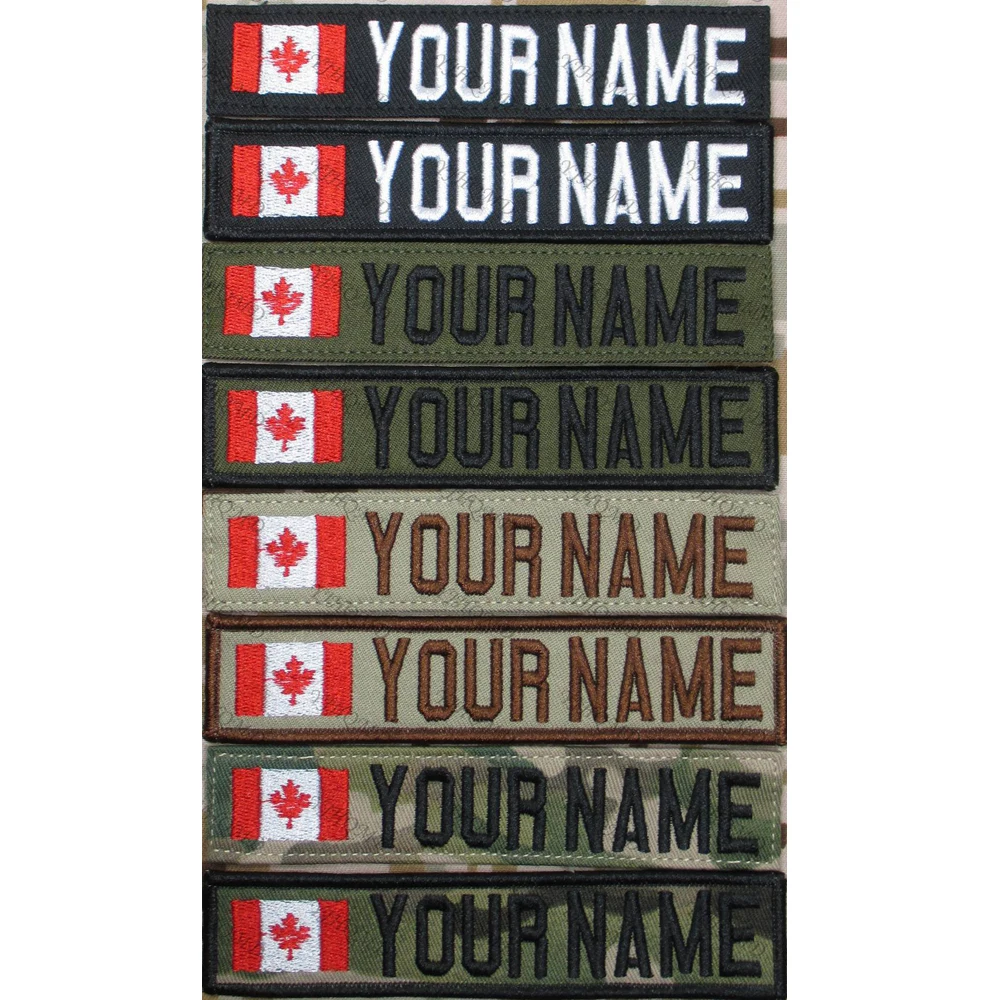 Canada Flag Custom Name Tape Patch, Hebrew Letter Hook and Loop Embroidery, Multicam Green ACU Black Tan