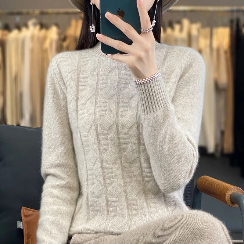 

New Australian wool knitted women's long sleeved half high neck sweater, fashionable and elegant women's pullover wool sweater