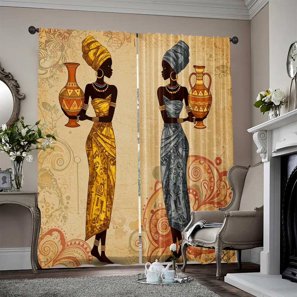 2pcs, Scene Curtains Bohemian style ladies print Versatile Fabric,Without Electricity Spring Party & Holiday Decor Suitable for
