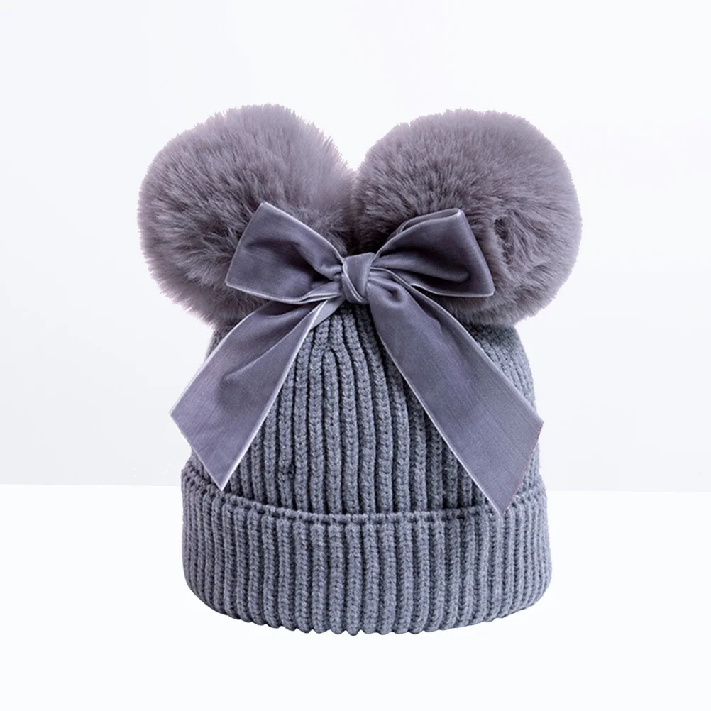 

Kids Two Bowknot Knit Hat Baby Girl Winter Crochet Hat Photography Prop Grey Warm Beanie Cap Knit Warm Cap