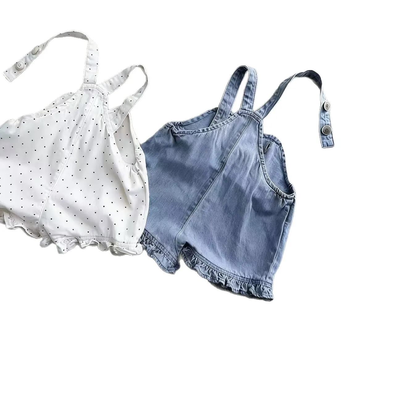 HY2821 Girls Spring Summer New Folded Lace Trim Denim Overalls Shorts Five-Quarter Length Overall Short Pants for Kids view 4