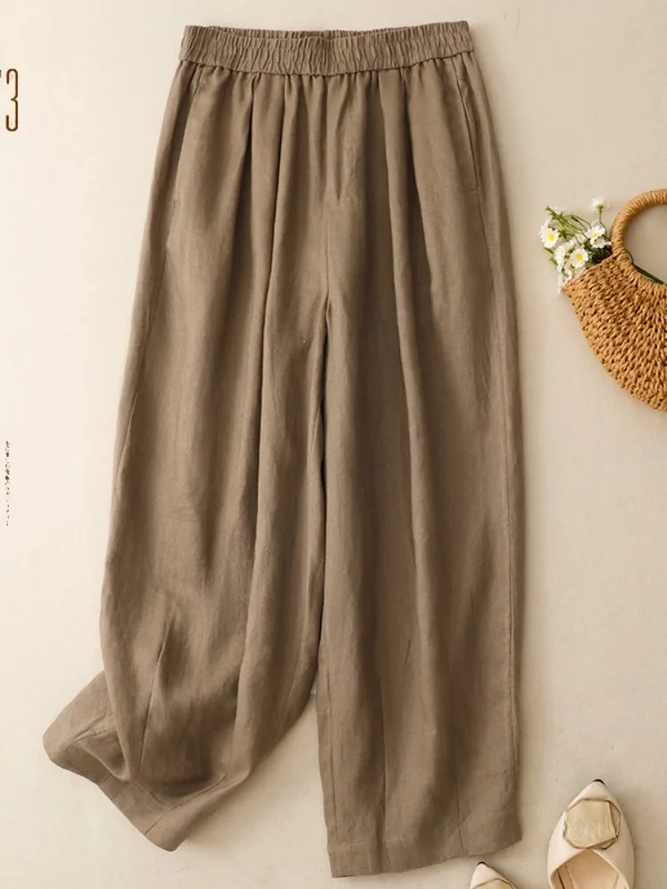 

Retro Linen Cabbage Harlan Pants Women Summer Elastic Waist Ice Silk Loose Casual Lazy Sensation Sembach Grandma Pants