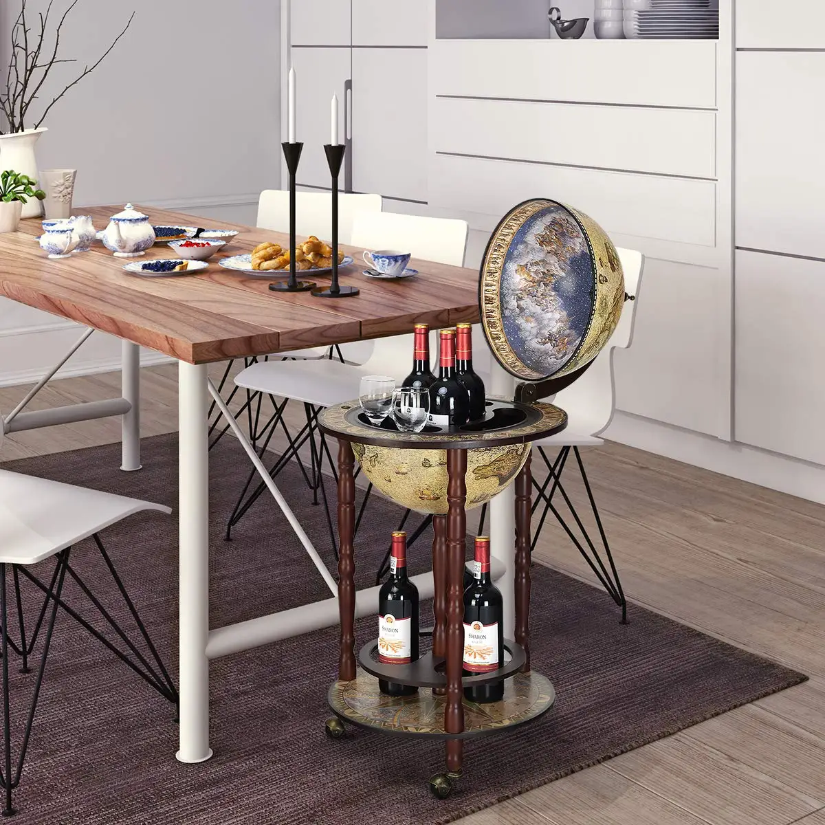 Globe Drinks Cabinet, Movable Whisky Wine Spirits Bar with Casters, Minibar Storage Wooden Cart 330MM/360MM, Customized