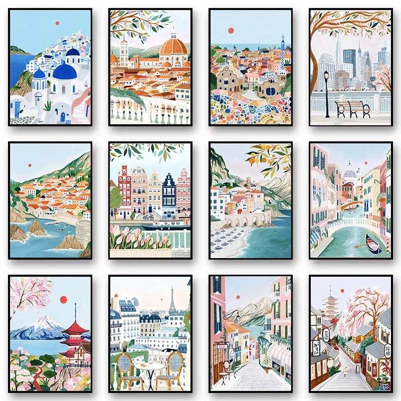 Travel Cities Poster Print Amsterdam Seville London Paris Canvas Painting Wall Art Picture Nordic Style Bedroom Home Decor