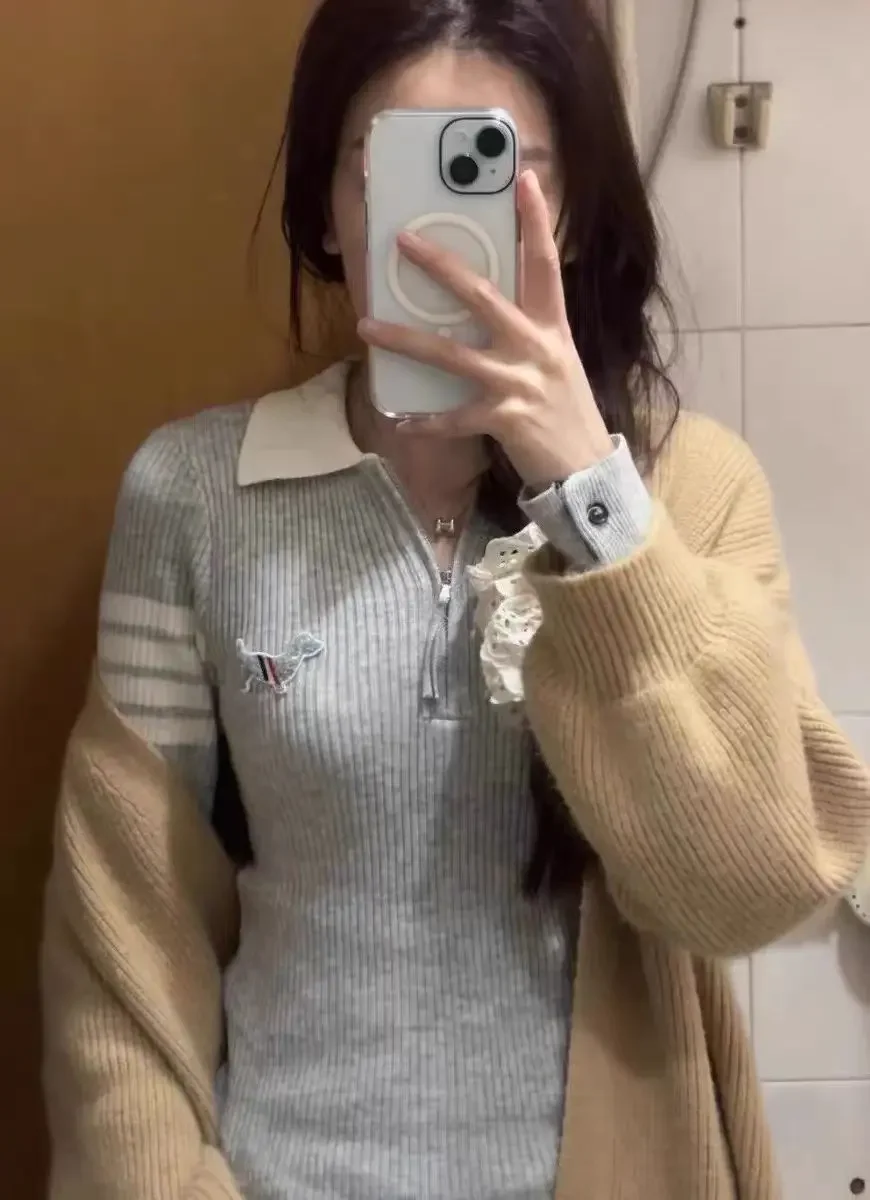 Polo Pullovers For Women Four  Bars Striped Grey Clor Sweater Knit Thin Crop Tops Sexy Preppy Jumper  Short Sweater