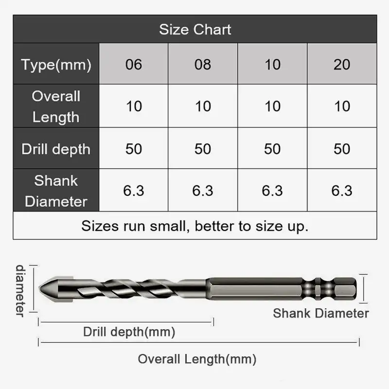 High Hardness Skewed Head Eccentric Drill 6/8/10/12mm Four-Blade Alloy Cross Drill Bit for Tile Ceramic Glass Special Drill Bit