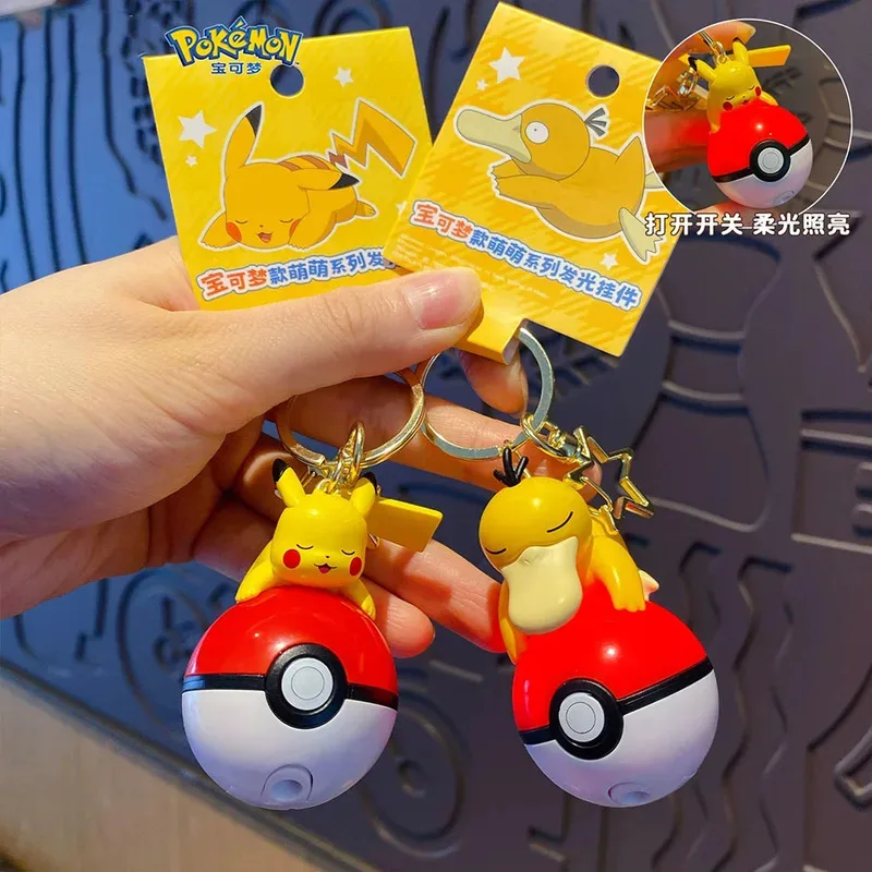 Hot Pokemon Original Model Toy 6cm Keychain Pikachu Bulbasaur Piplup Psyduck Light Up Pendant Character Figure Glow In The Dark