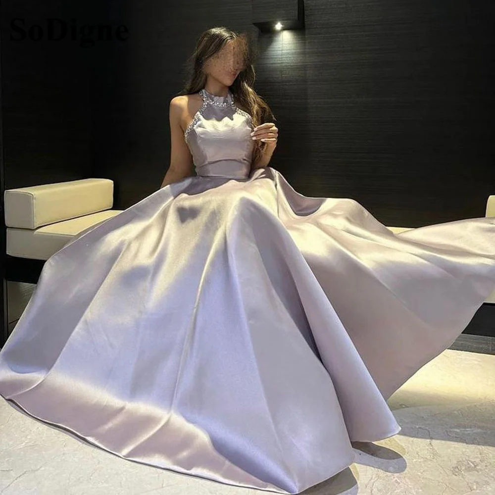 SoDigne A Line Evening Dress Halter Rhinestones Satin Gala Women Dress Arabic Dubai Formal Prom Party Gown Celebrity Dress