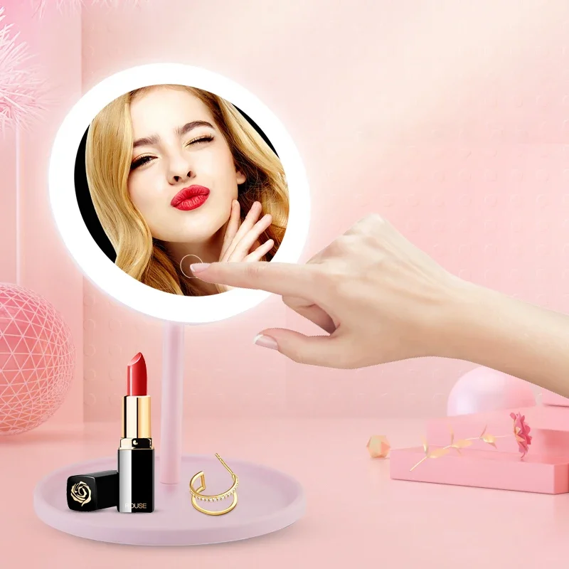 Portable Travel Makeup Mirror with Tray, Vanity Cosmetic Desk Mirror with Dimmable Touch 3 LED Color Lighting Modes for Women