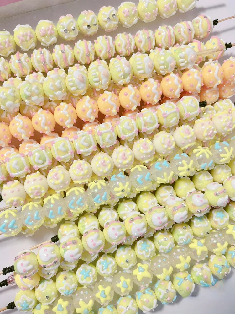 New Arrival Creamy Yellow Milk Round Flora Cake Animal Mix Pattern Handmade Beads DIY Charms for Bracelet Jewelry Material