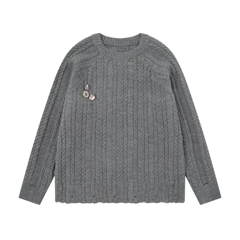 

2025 Autumn New Guochao Retro Solid Color Brooch Slim Design Casual Loose Men's and Women's Sweater