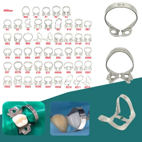 Abrazaderas de dique de goma de acero inoxidable de tamaño 50 para aplicaciones de ortodoncia y restauración endodóntica de odontología