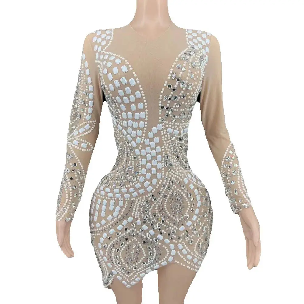 

Nude Shining Rhinestones Crystal Long Sleeves Gauze Sheath Dress For Women Nightclub Party Singer Costumes