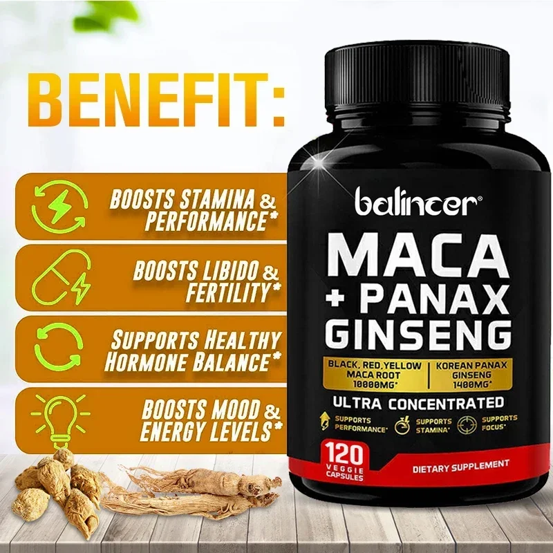 Maca + Ginseng Capsules - Male Enhancement Supplement To Promote Health, Energy and Endurance, and Muscle Mass