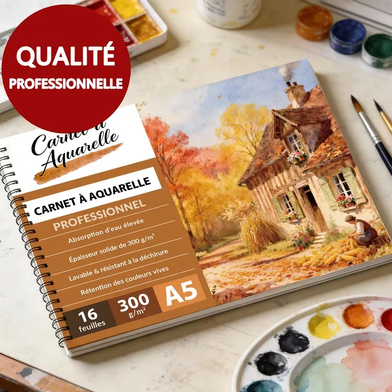 Professional French Spiral Watercolor Sketchbook - A5 Cold-Pressed Paper Suitable for Watercolor, Gouache & Ink, 16 Sheets wi