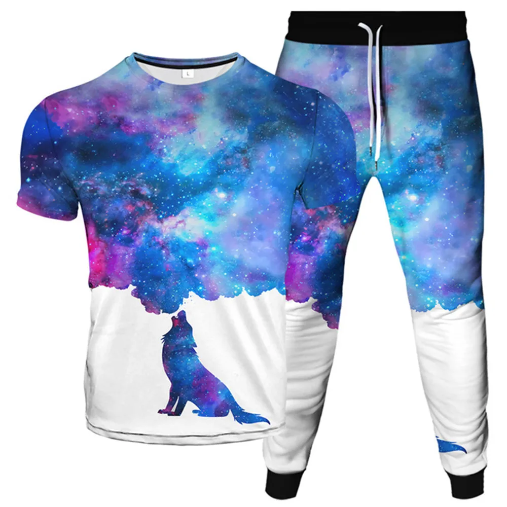 Harajuku Colorful Universe Galaxy Painting Vortex Wolf Cat Planet Print Men Fashion Tracksuit T-Shirt+Trousers 2Pcs Sets Clothes