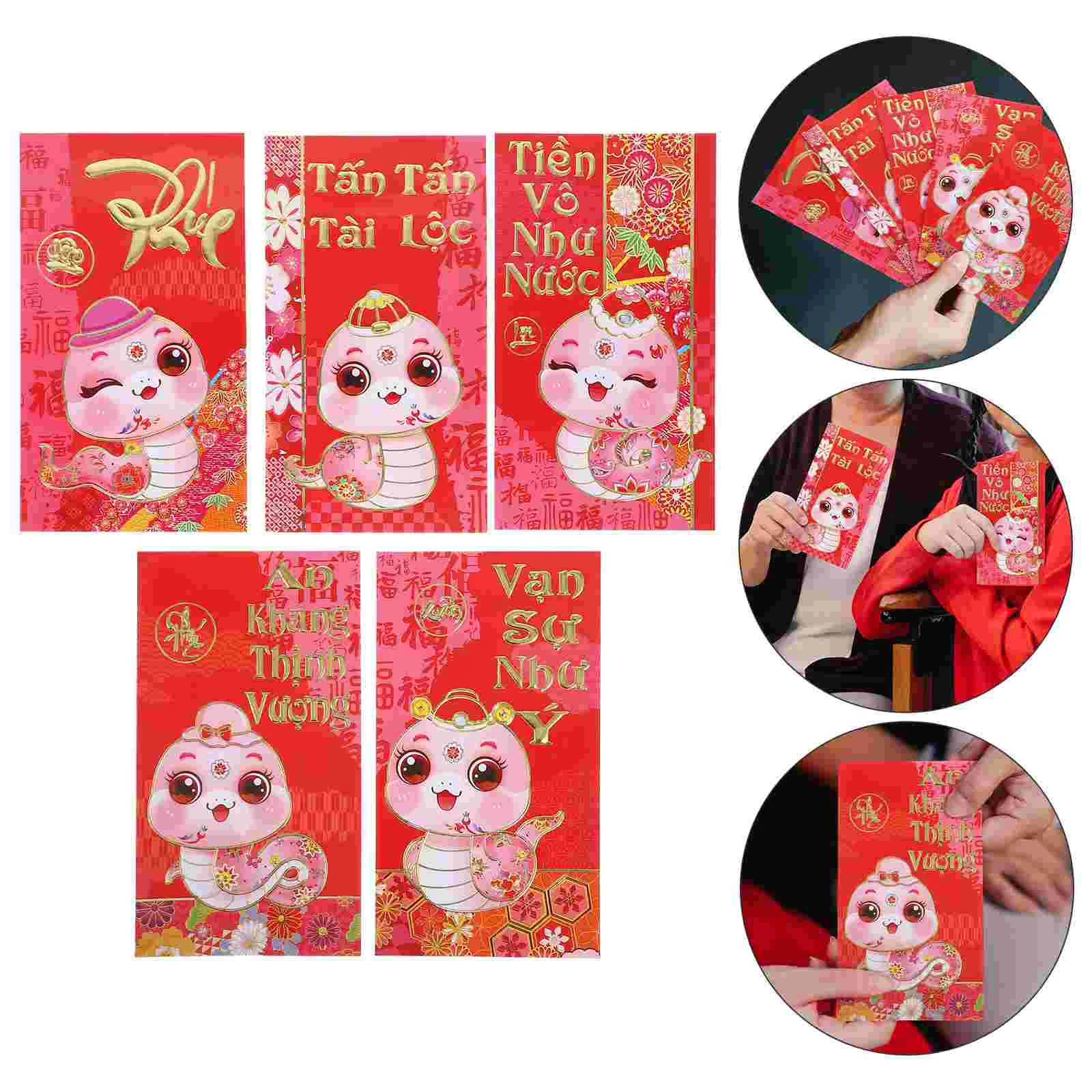 30 Pcs Year of The Snake Spring Festival Red Envelope Lucky Money Packet Cartoon Lunar New Paper Chinese Fortune Cards