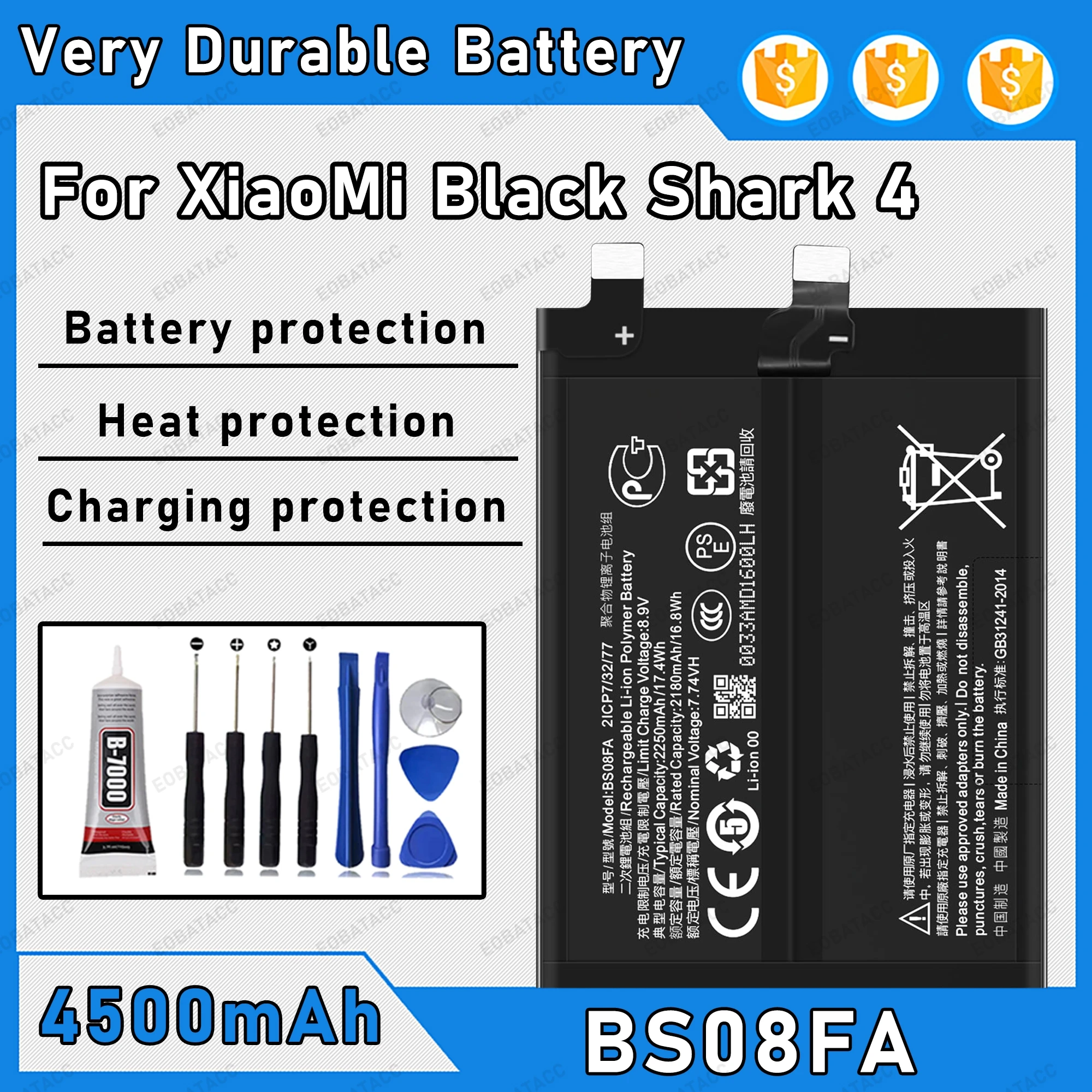 

4500mAh 100% New BS08FA Battery For Xiaomi BlackShark 4 Replacement Bateria+Free Tools