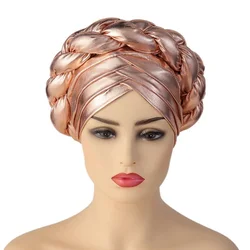 Gold Already Made Headties Turban Aso Oke Auto Gele Head Wraps Pattern Fabrics Headscarf Hats for Women African Bonnet