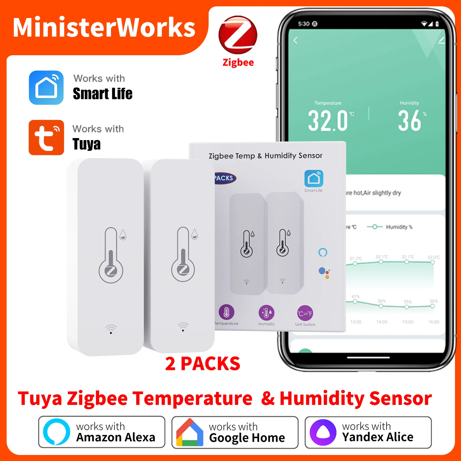 

2 шт. Tuya Zigbee датчик температуры и влажности приложение дистанционное управление для умного дома через SmartLife работает с Google Assistant Alexa