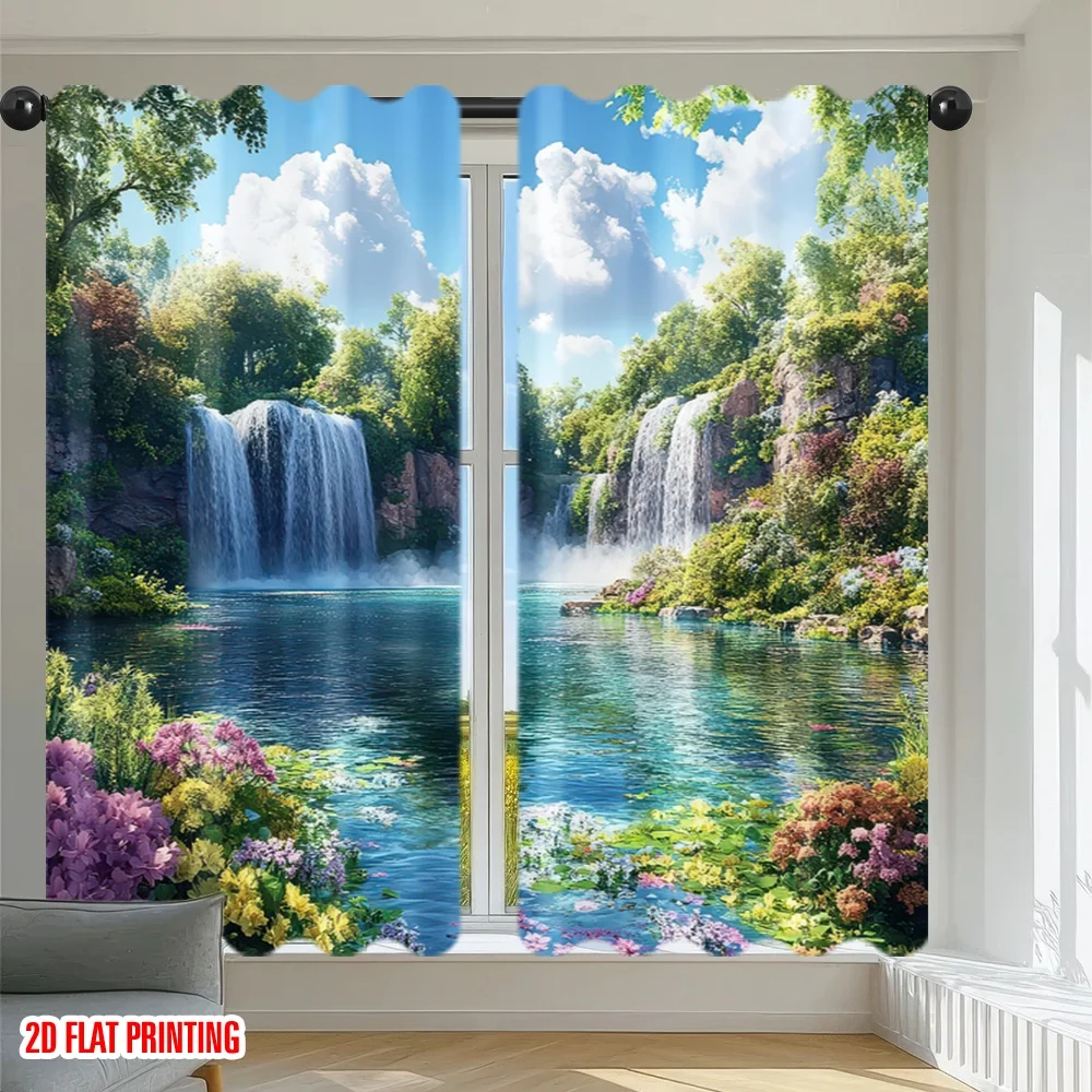 2D flat printing 2pcs Party Curtain Sunny Waterfall Paradise Digital Printed Polyester Drapes Holiday Decorations Perfect for
