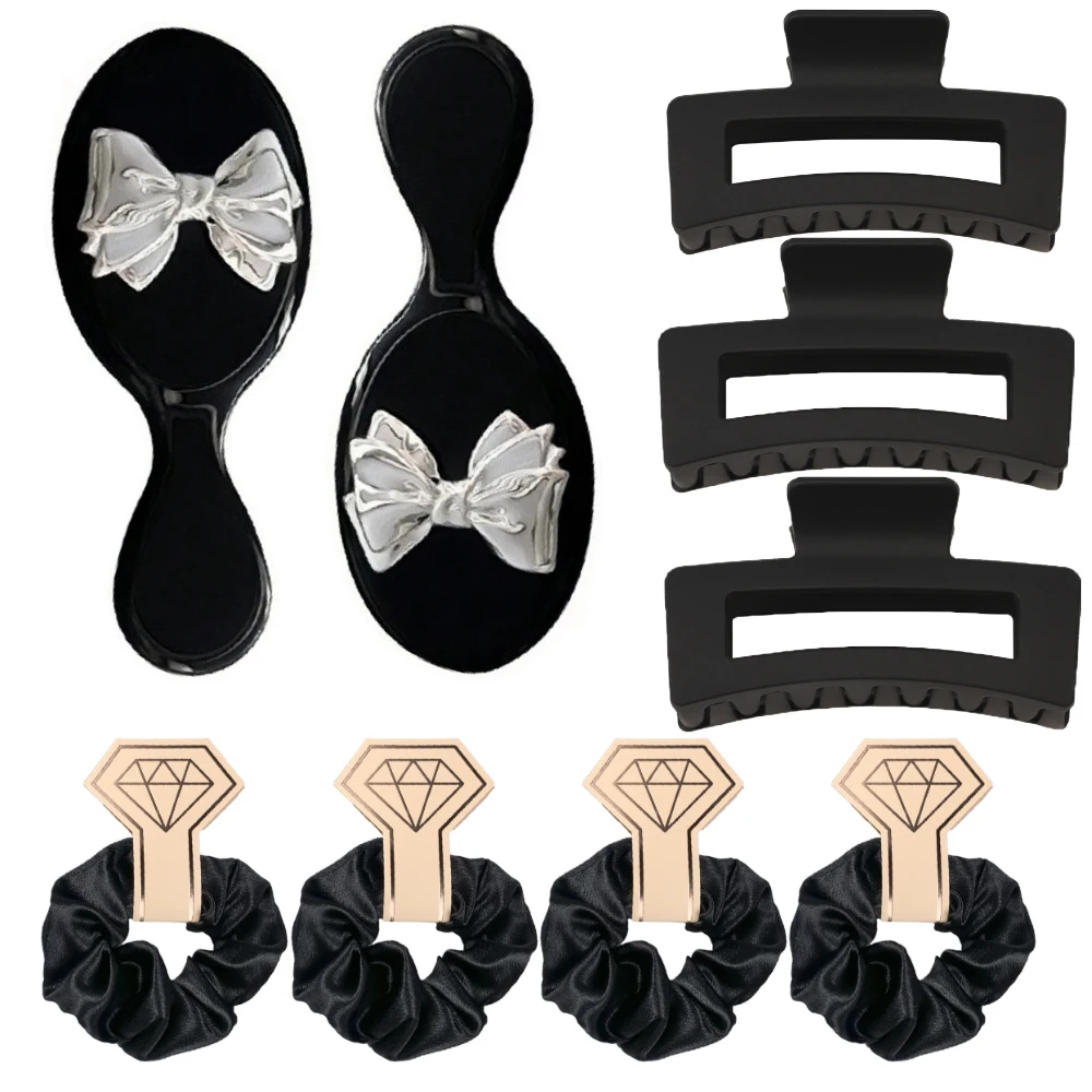 

Black Hair Accessory Combo - Bow Print Comb, Elastic Bands & Claw Clips for Modern Styling