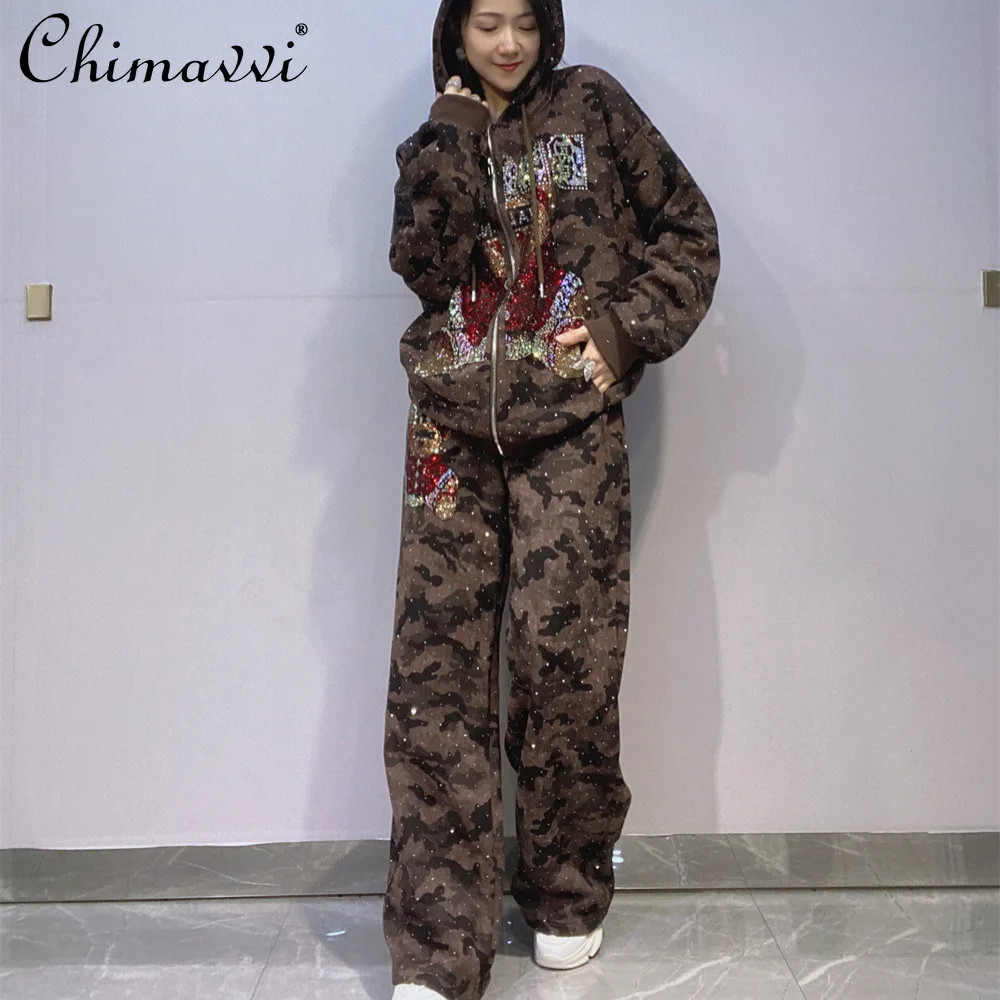

Fashion Oversized Sweatshirt and Pants Set Women Autumn Heavy Rhinestone Casual Straight-leg Pants Loose Women's Two-piece Set