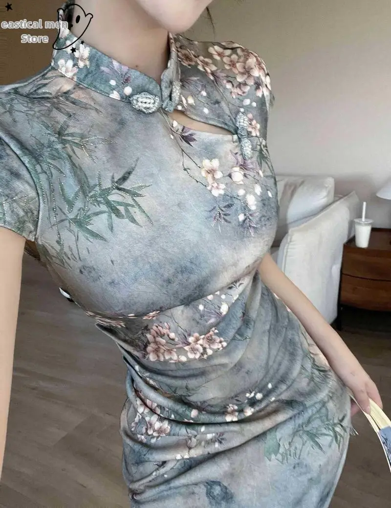 

Fashion Floral Print Qipao Women Elegant Short Sleeve Chesongams New Chinese Style Dress Lady Stain Night Club Wear Vestidos