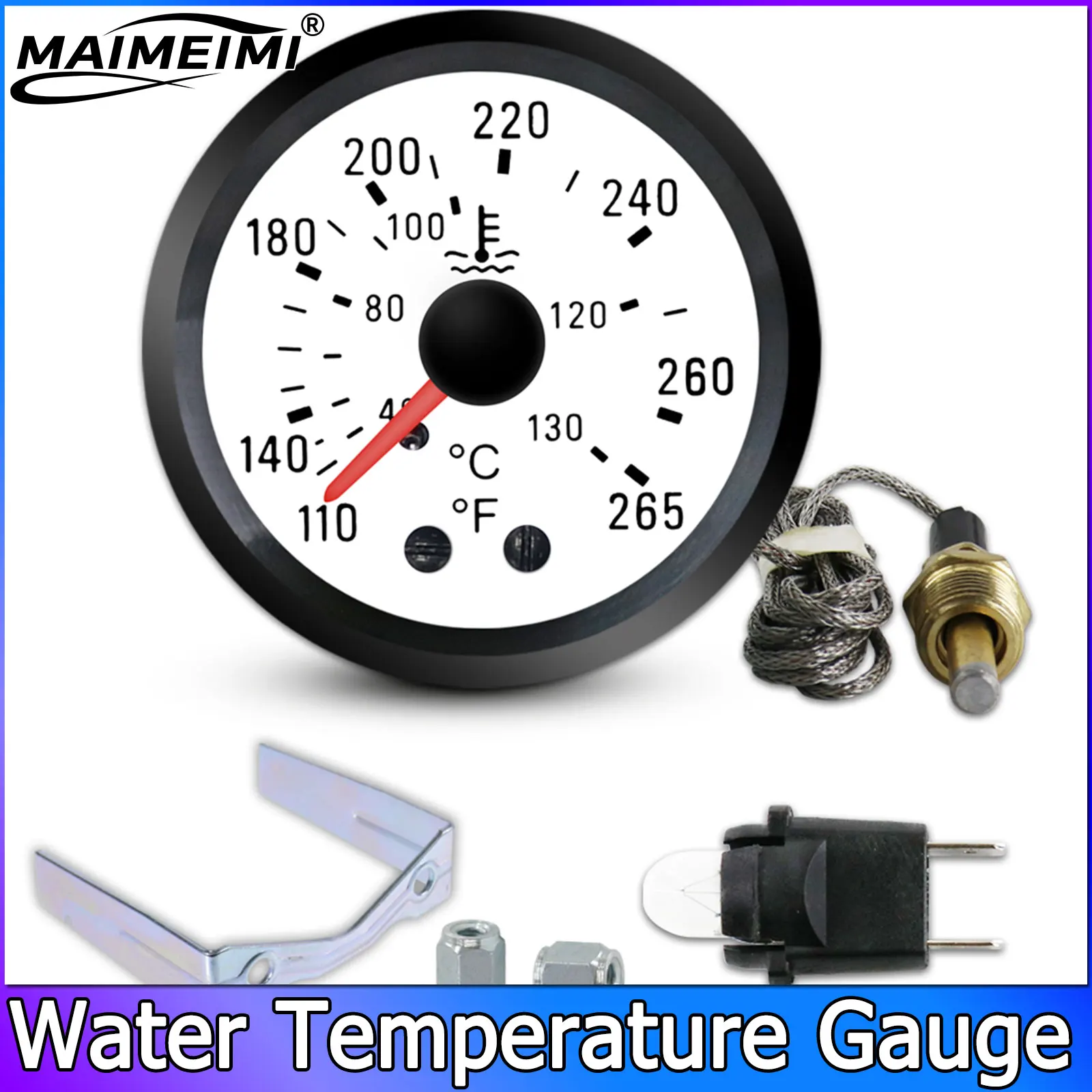 52mm Water Temp Gauge + Water Temperature Sensor 110-265 Fahrenheit 40-130 Celsius Indicator 12V Water Temp Meter , OE 180-501