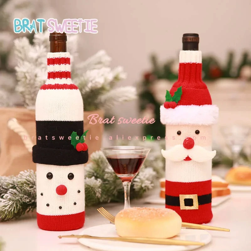 Christmas Wine Bottle Cover Set Santa Snowman Woven Wine Bottle Bags For Christmas Party Dinner Table Decorations New Year Gifts