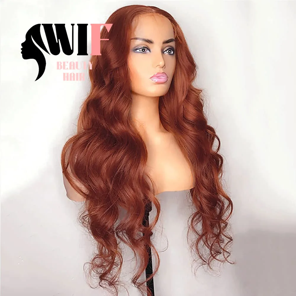 WIF Copper Red Synthetic Wig Natural Hairline Body Wave Lace Front Wigs Reddish Brown Heat Fiber Women Daily Use Hair