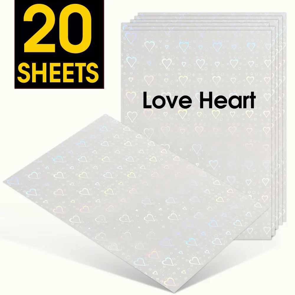 20 Sheets Holographic Sticker Film A4 Self-Adhesive Love Heart Cold Lamination Film Waterproof DIY Package Color Card Photo Film