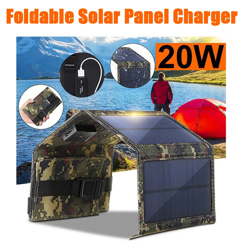 

Foldable Solar Panel 20W 5V USB Waterproof Portable Monocrystalline Solar Cells Mobile Phone Battery Charger for Outdoor Camping