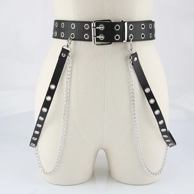 Harajuku Dark Girl Punk Gothic Style Dwurzędowy pasek z dziurką na guziki Jednorzędowy pasek z dziurką na guziki Jk Pasek z łańcuszkiem w talii