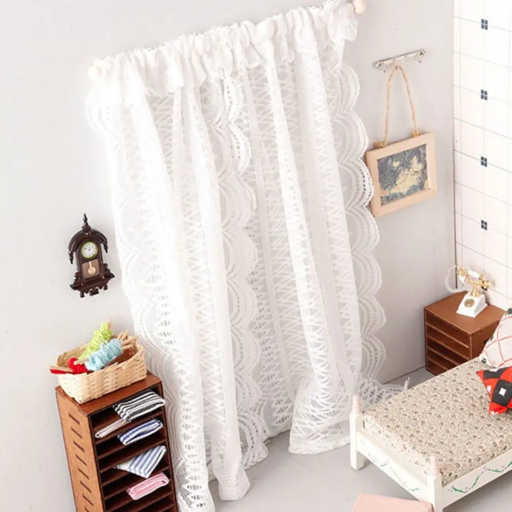 New 1/12 Dollhouse Sweet Floral Curtains Model Lace Mesh White Simulation Floral Curtains 3 Styles Furniture Decoration