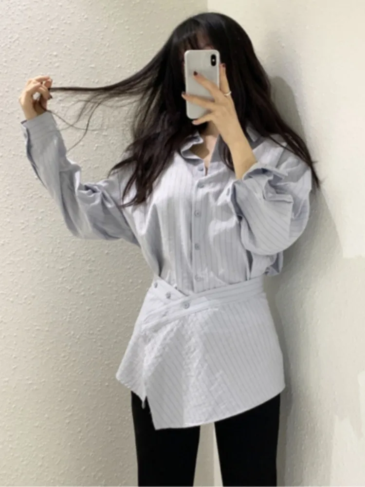 Women's Stripe Long Sleeve Shirt Button up Waist Seal Two Piece Set Early Autumn New Style Commute Style Inner Wear Regular Fit