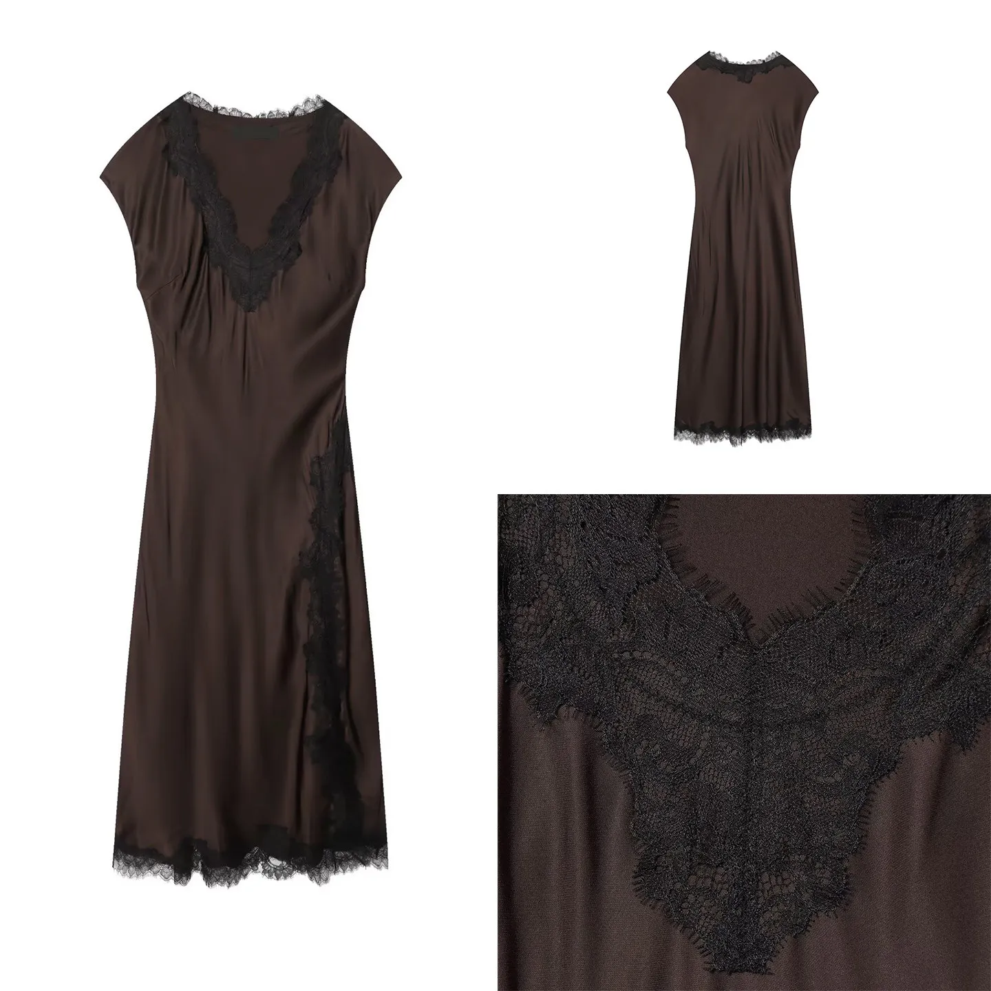 

Elegant V-neck Short Sleeve Lace Splice Dress Women's Fashion Spring New Arrival ZADATA Brand Other Style Other Material