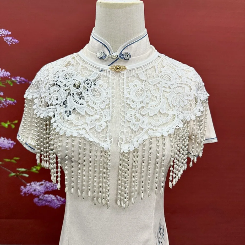 

Аксессуар Hanfu, винтажная шаль с жемчужной кисточкой, шаль Cheongsam ручной работы с кружевной отделкой и жемчужной кисточкой, кружевная шаль для невесты