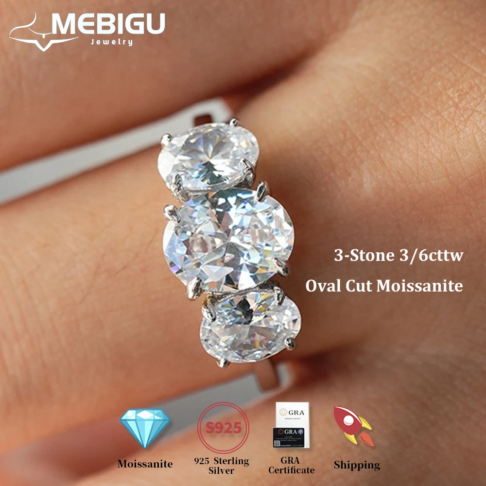 

Mebigu 3-Stone Oval Cut Moissanite Engagement Ring 3/6cttw For Woman 925 Silver GRA Certified Lab Diamond Wedding Band Rings