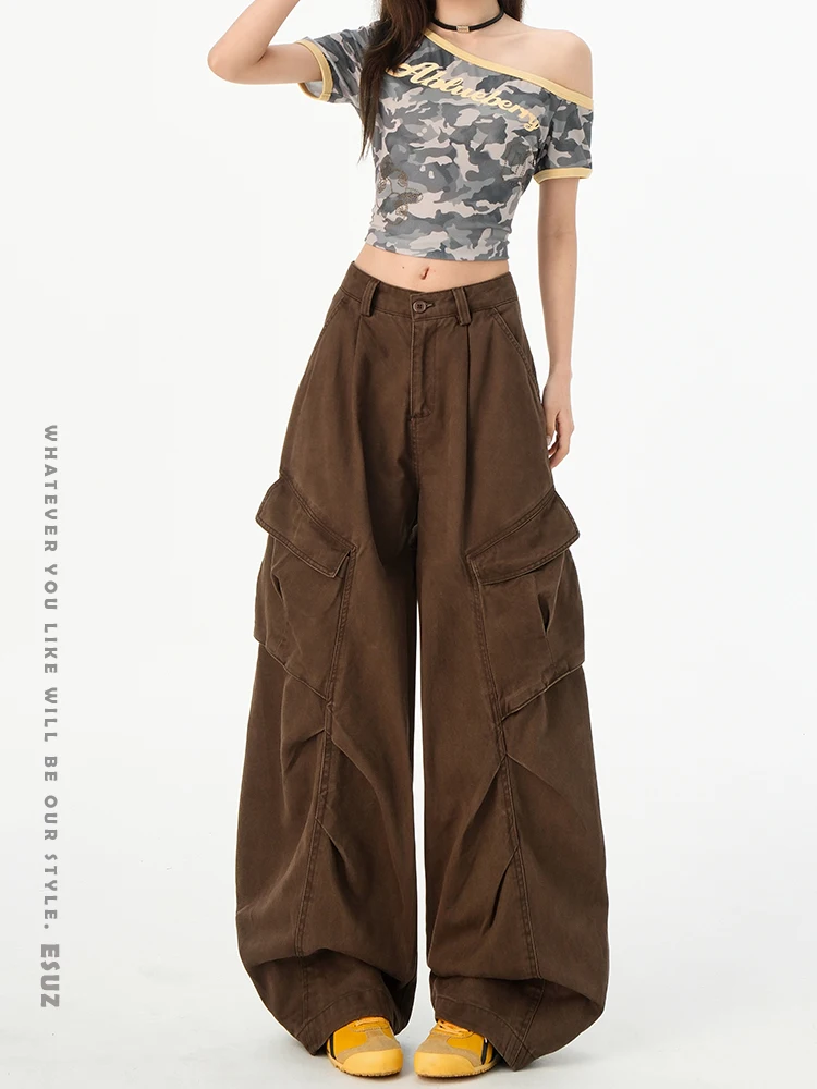 

Retro Brown Waed Pleated Casual Workwear Jeans Women Loose Wide Leg Knife Pants Autumn Deconstructed Design Sense