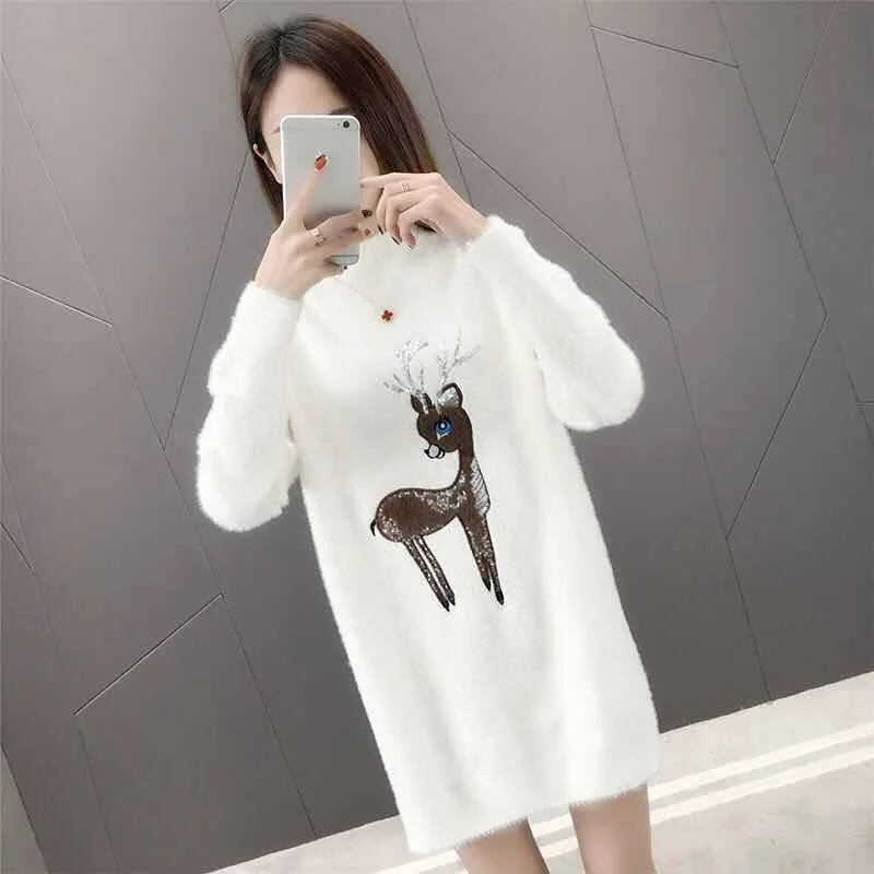 Coat With Mink Fur Thick Woolen Sweater, Women's Autumn And Winter 2023 New Mid To Long Style, Inner Layer Bottom Shirt, Stylish