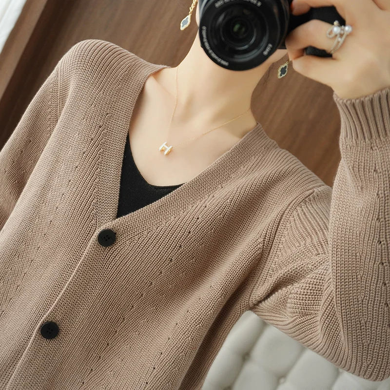 

00% Pure Cotton V-Ne Open Cardigan Women's Loose ort Sve Long Sve Knitted Spring Autumn New Sle Quali Sweater