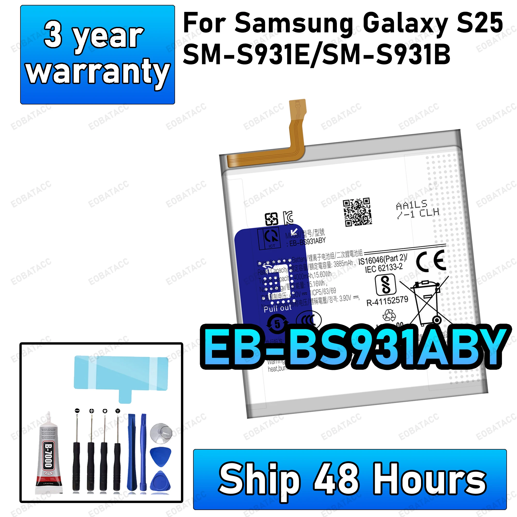 

100% New High Quanlity EB-BS931ABY Battery For Samsung Galaxy S25/SM-S931E/SM-S931B Replacement Batteries batteria+Free tools